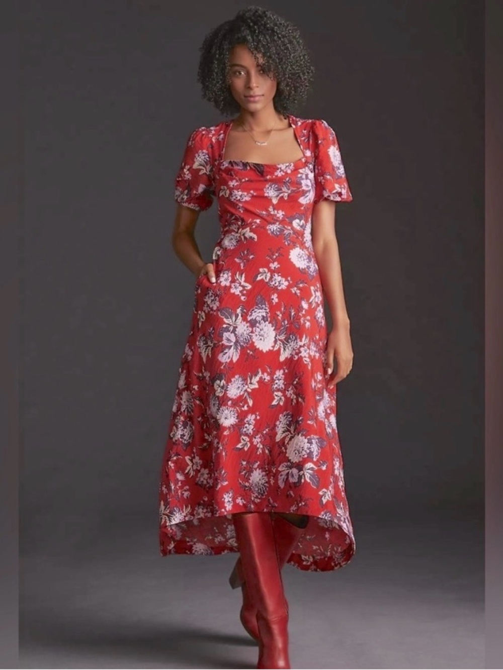 Anthropologie Maeve Red and Purple Floral Maxi Dress with Puff Sleeves